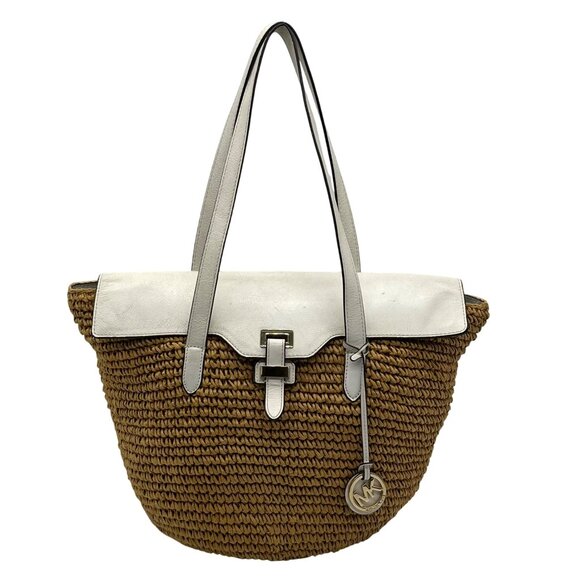Michael Kors White Leather Woven Straw Large Naomi Tote Bag - Picture 1 of 12